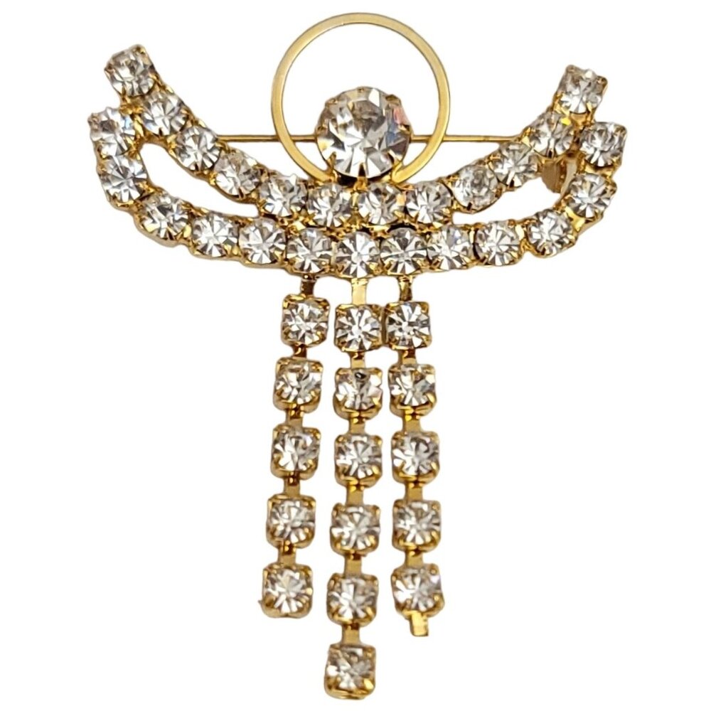 Gold Tone Clear Rhinestone Articulated Angel Brooch Pin M310